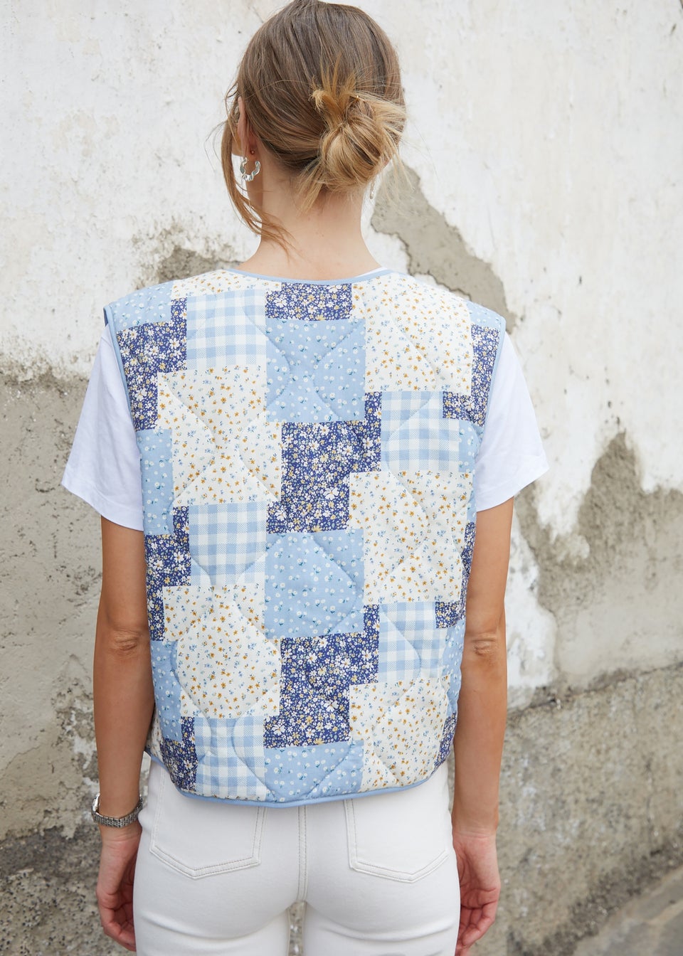 Threadbare Blue Floral Patchwork Reversible Quilted Gilet