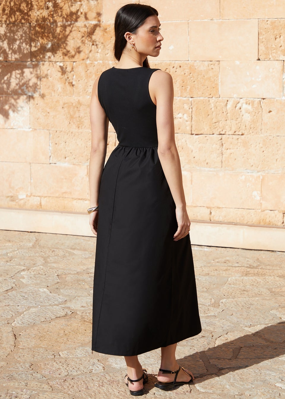 Threadbare Black Sleeveless Rib Jersey 2 In 1 Maxi Dress With Poplin Skirt