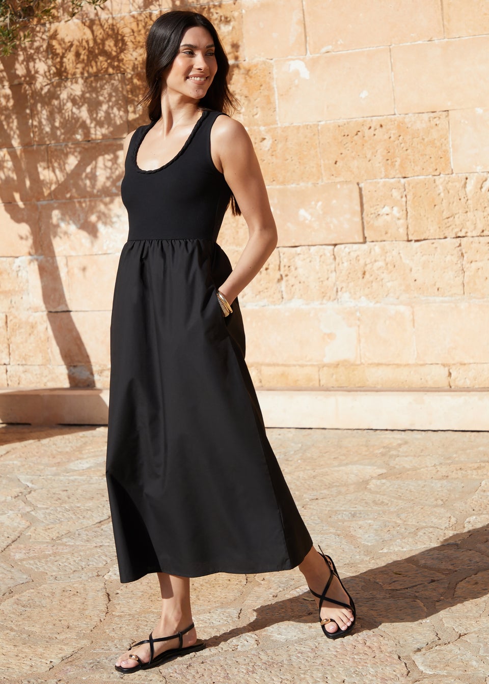 Threadbare Black Sleeveless Rib Jersey 2 In 1 Maxi Dress With Poplin Skirt