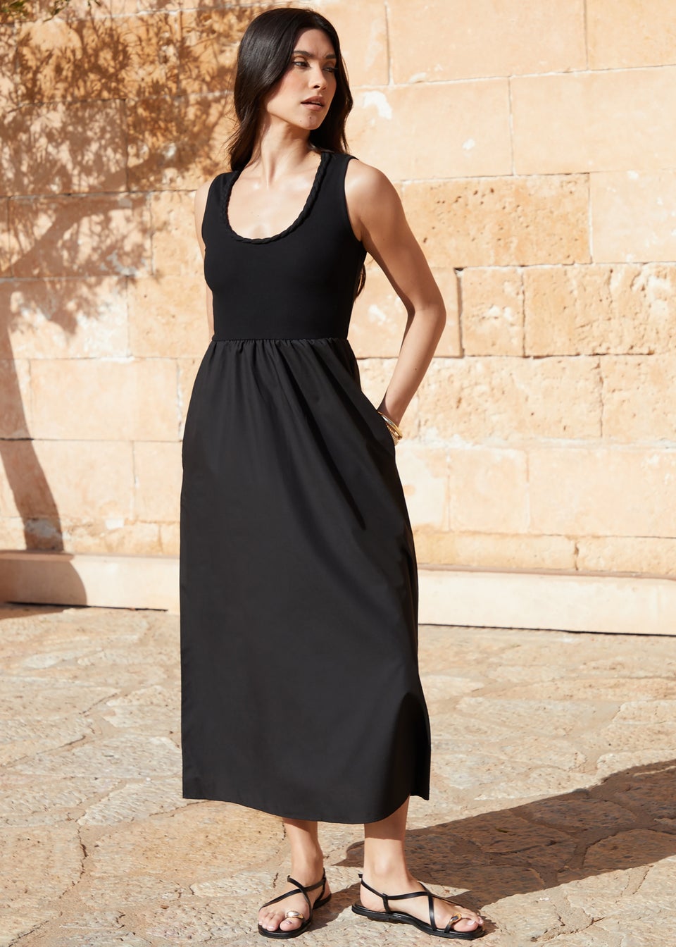 Threadbare Black Sleeveless Rib Jersey 2 In 1 Maxi Dress With Poplin Skirt