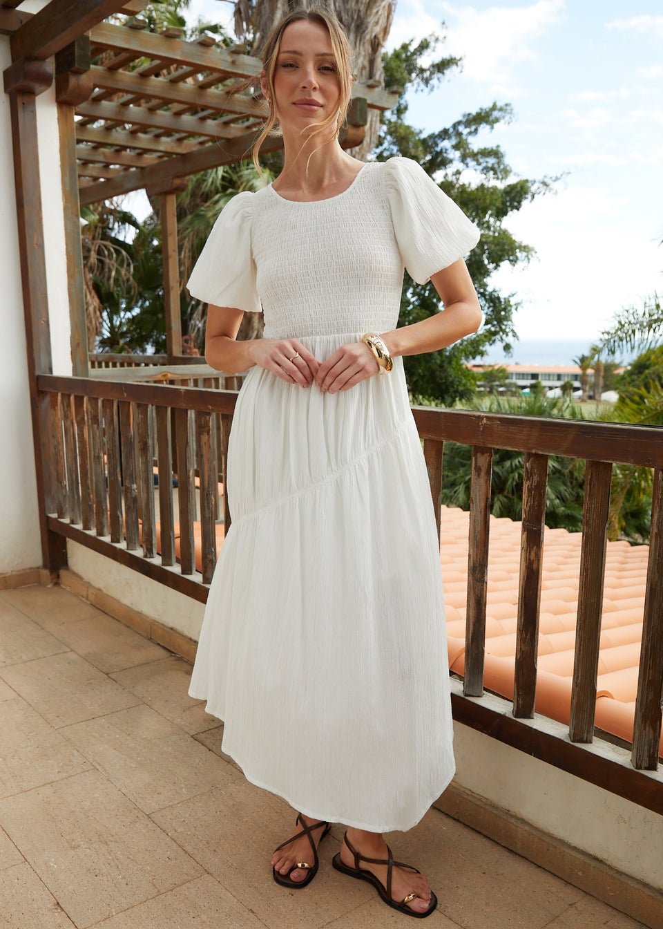 Threadbare White Puff Sleeve Shirred Asymmetric Dress