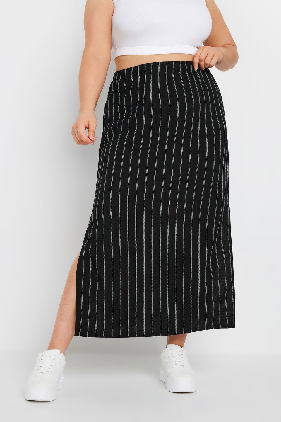 Yours Curve Black Textured Pinstripe Maxi Skirt
