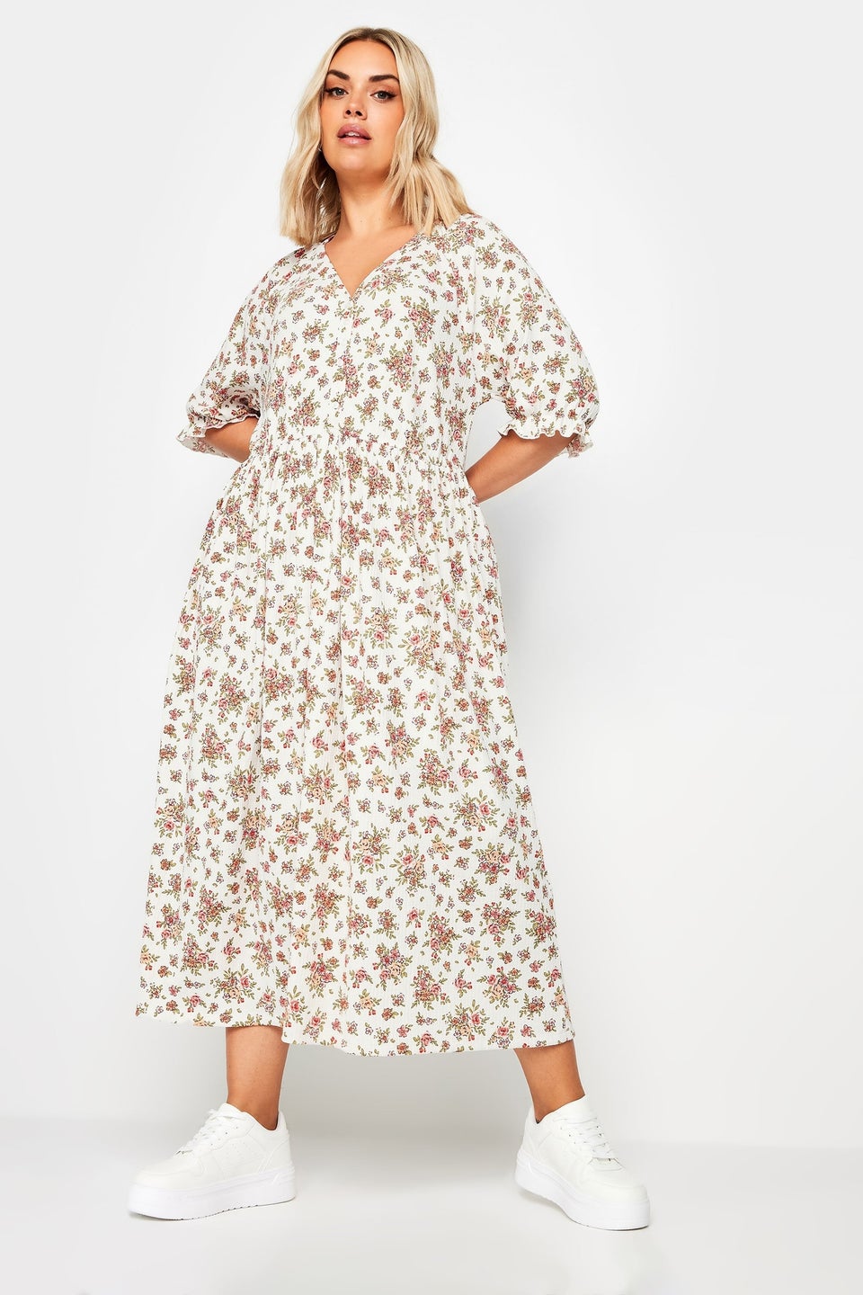 Yours Curve White & Pink Vintage Floral Textured Midaxi Dress