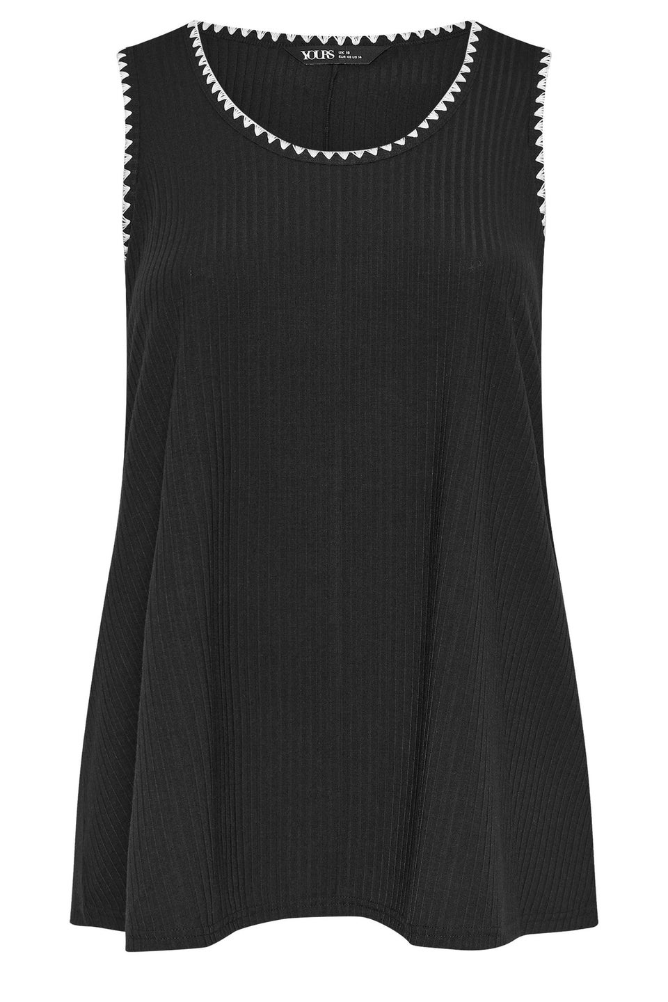 Yours Curve Black Contrast Blanket Stitch Ribbed Vest Top