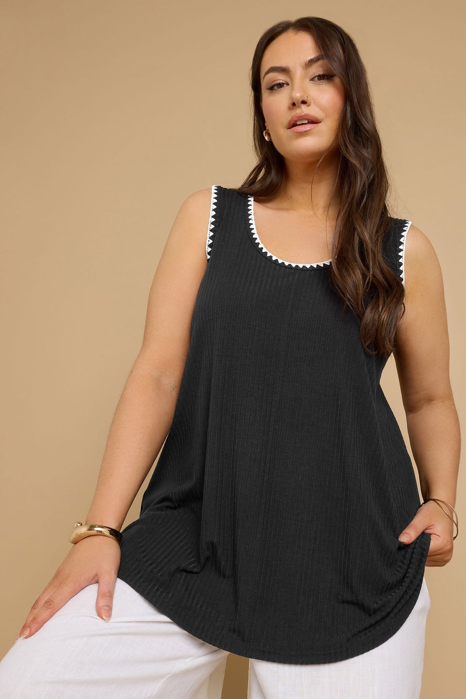 Yours Curve Black Contrast Blanket Stitch Ribbed Vest Top