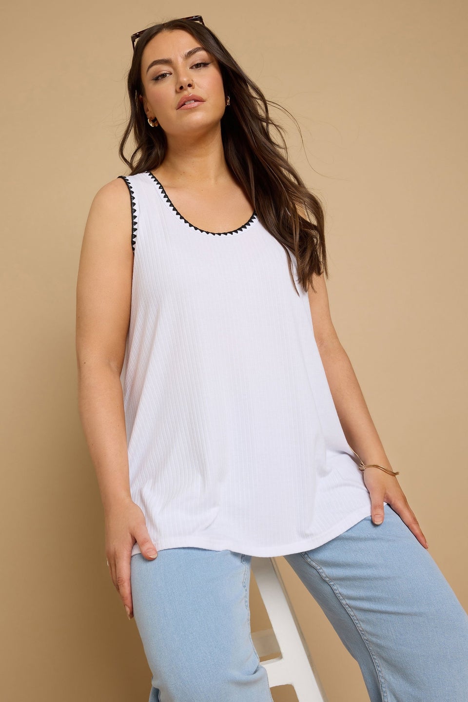 Yours Curve White Contrast Blanket Stitch Ribbed Vest Top