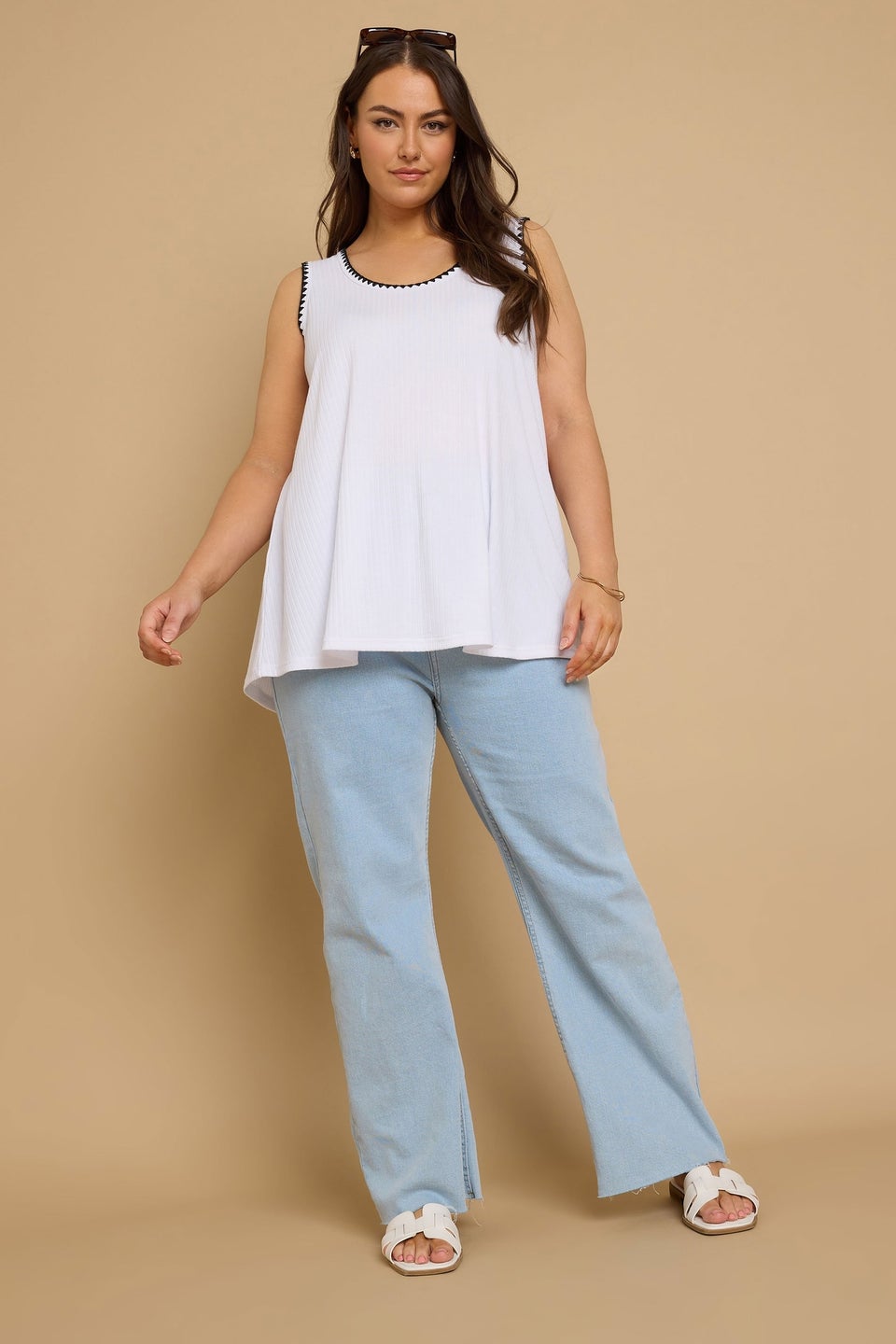 Yours Curve White Contrast Blanket Stitch Ribbed Vest Top