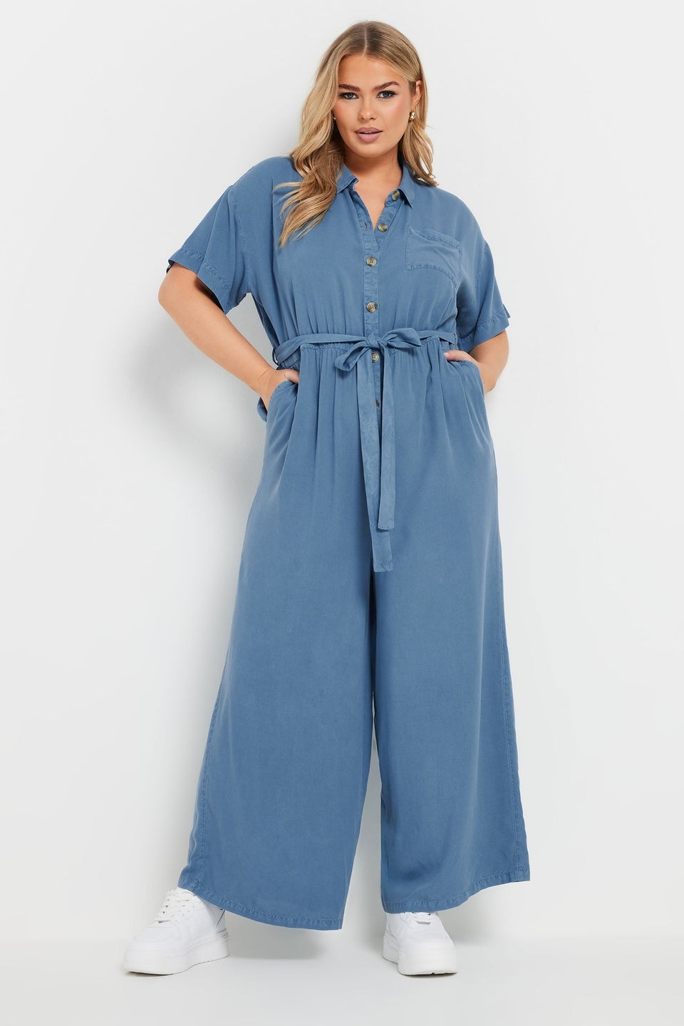Yours Curve Blue Wide Leg Chambray Jumpsuit