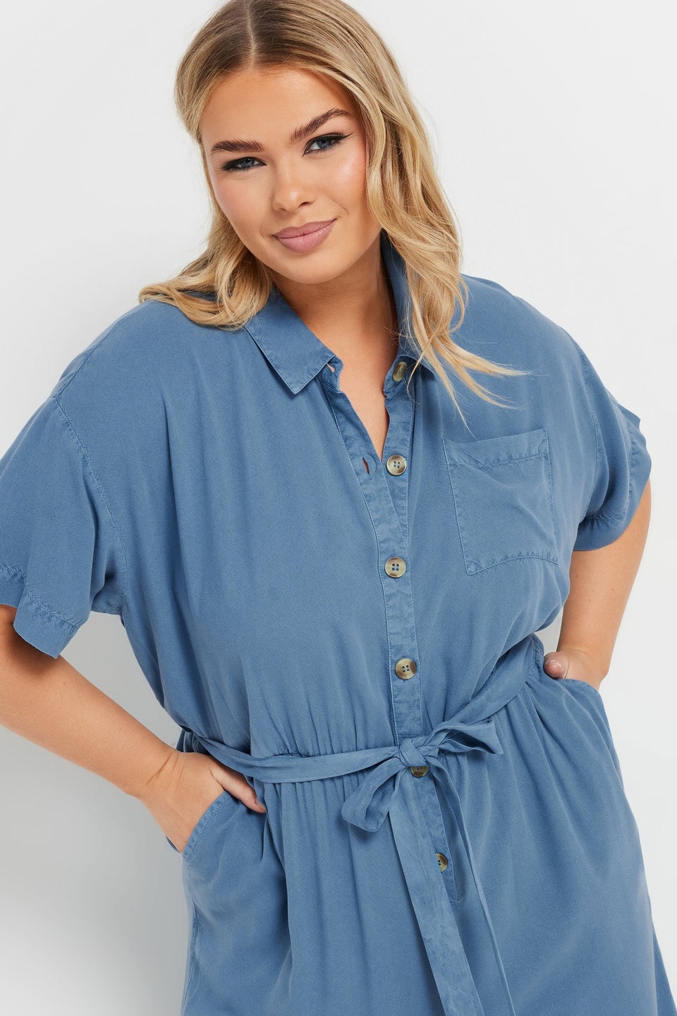 Yours Curve Blue Wide Leg Chambray Jumpsuit