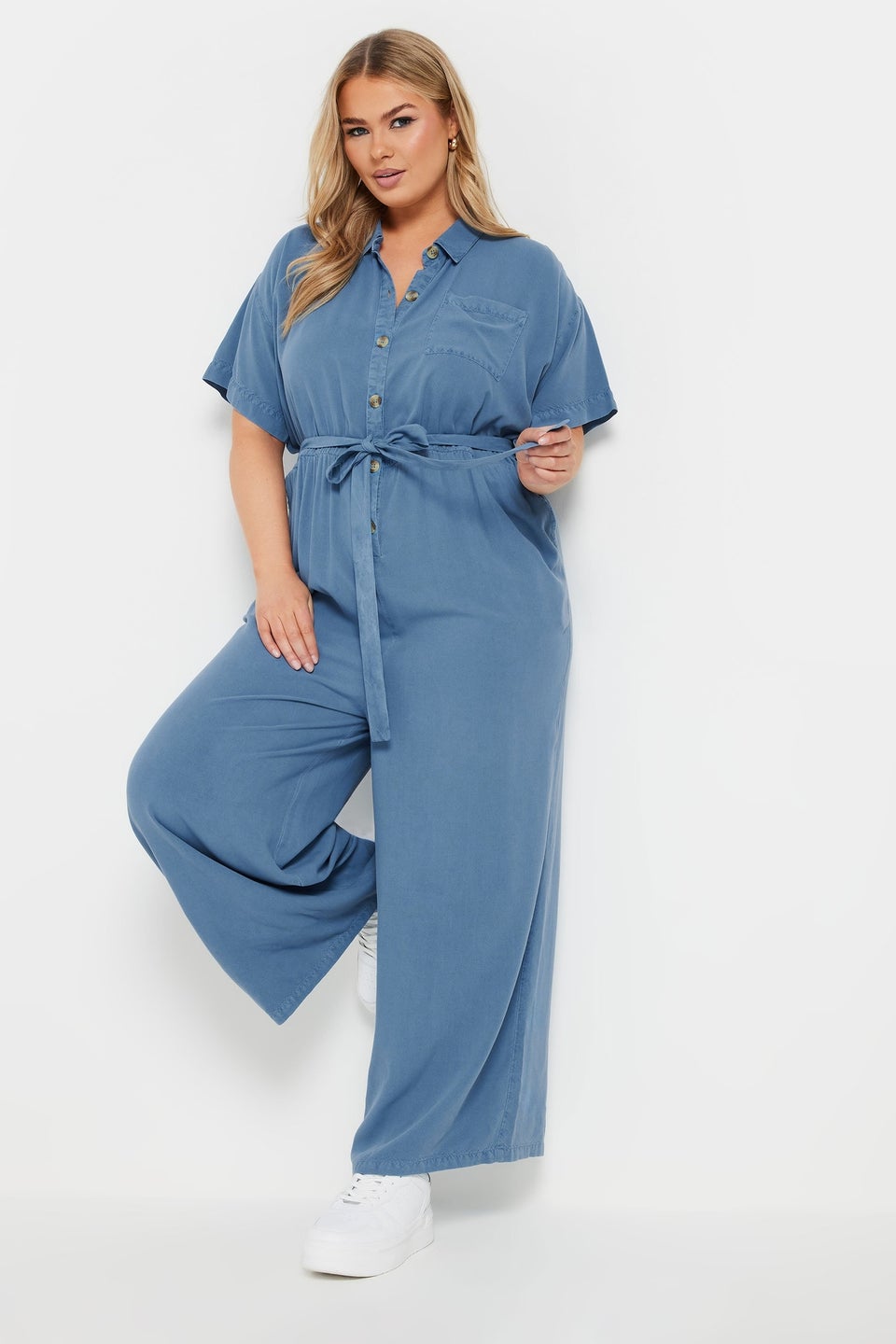 Yours Curve Blue Wide Leg Chambray Jumpsuit