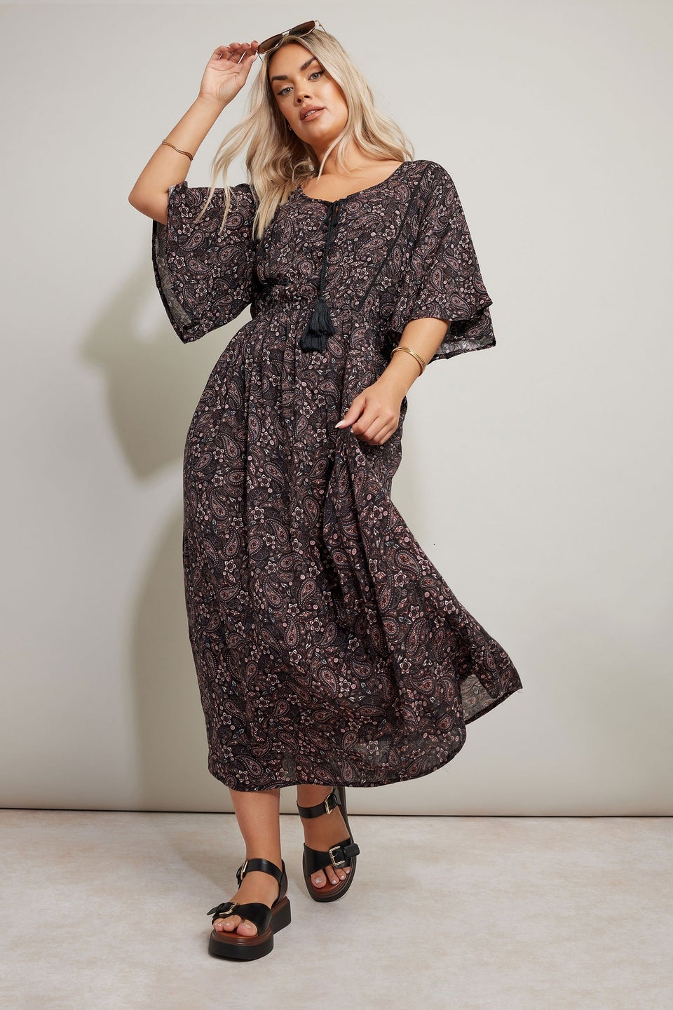 Yours Curve Black Paisley Print Tie Front Maxi Dress