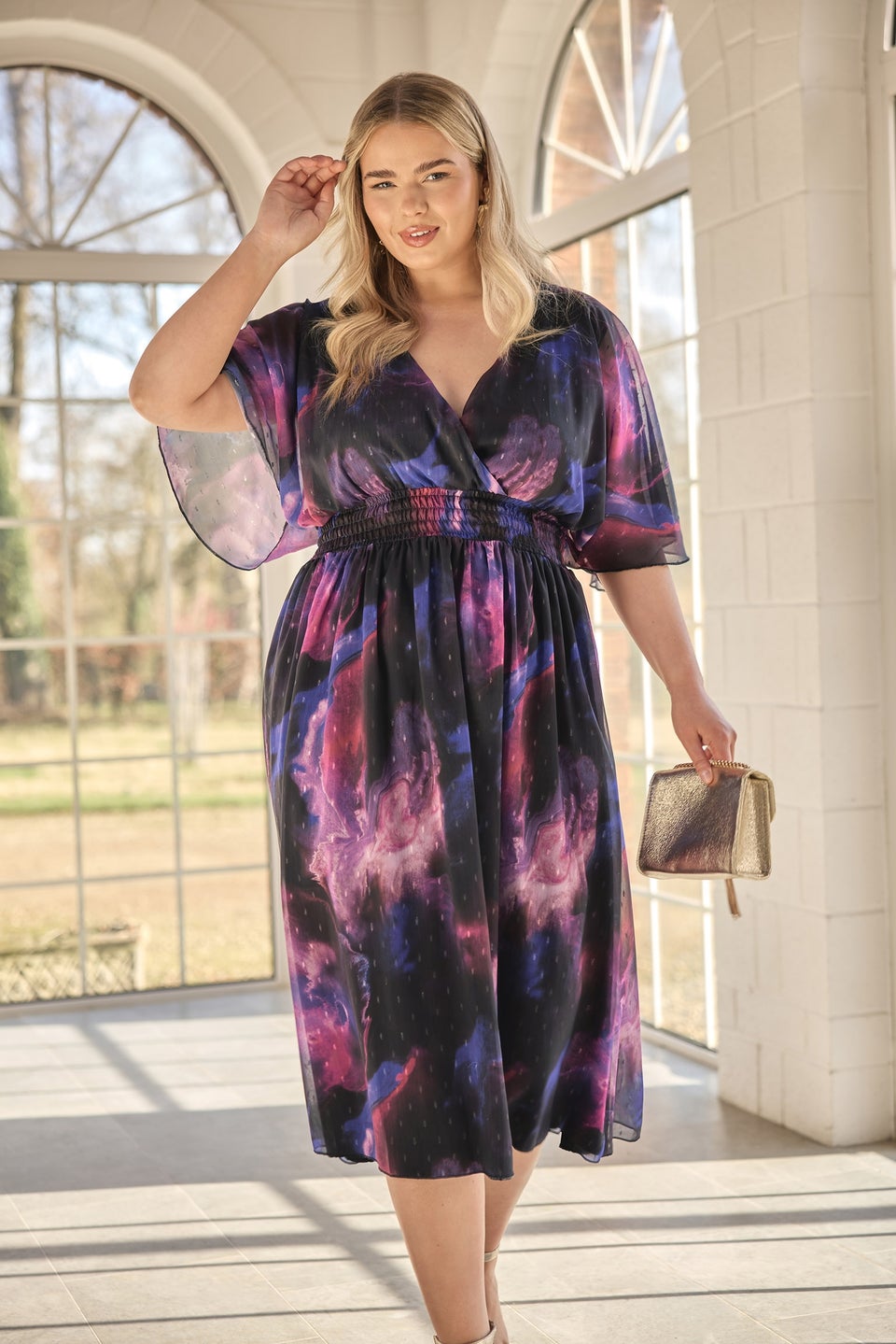 Yours London Curve Purple Abstract Metallic Print Midi Dress