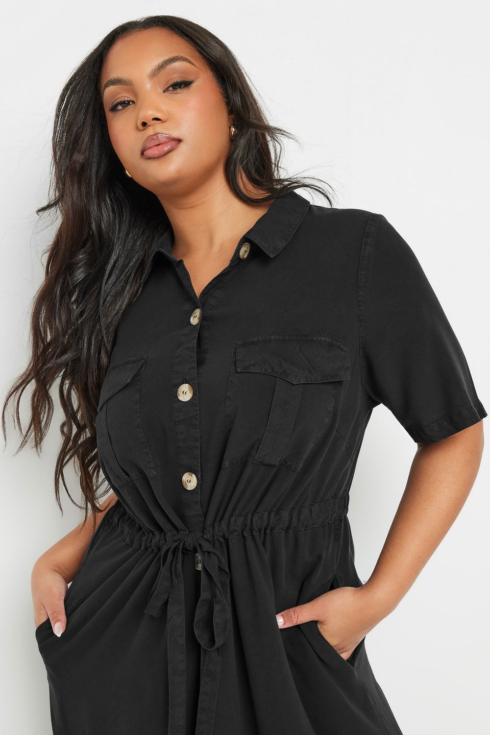 Yours Curve Black Tie Waist Chambray Shirt Dress