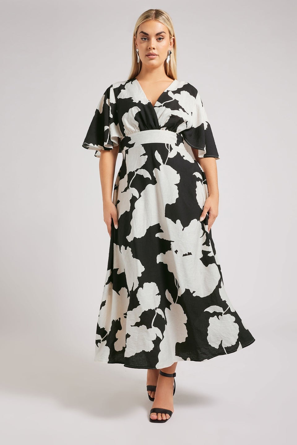 Yours London Curve Black Floral Print Linen Look Wrap Midaxi Dress