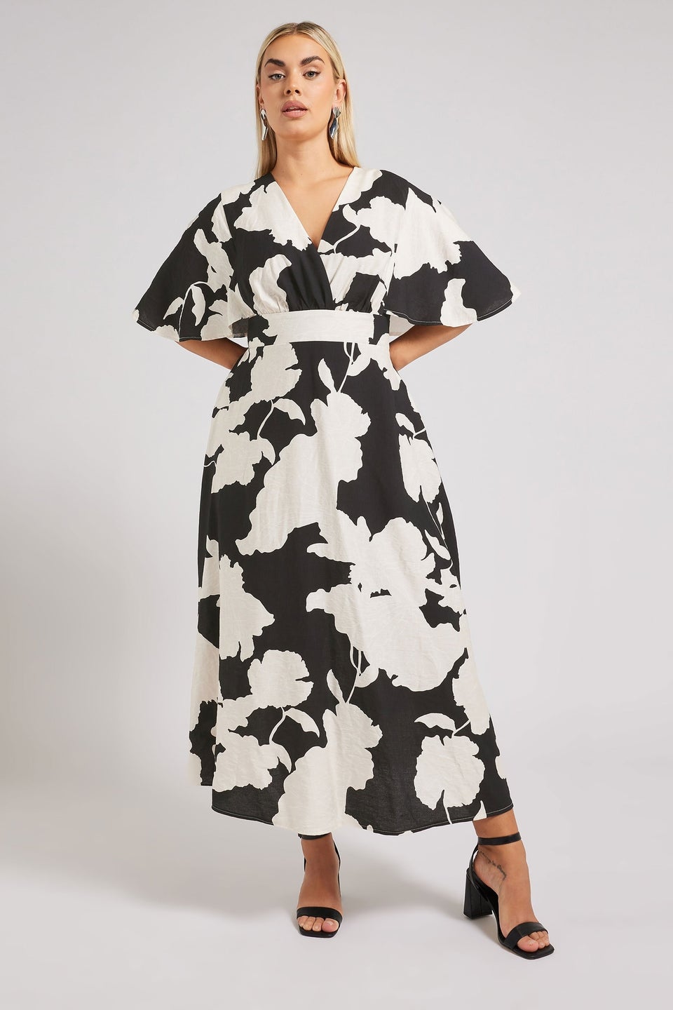 Yours London Curve Black Floral Print Linen Look Wrap Midaxi Dress