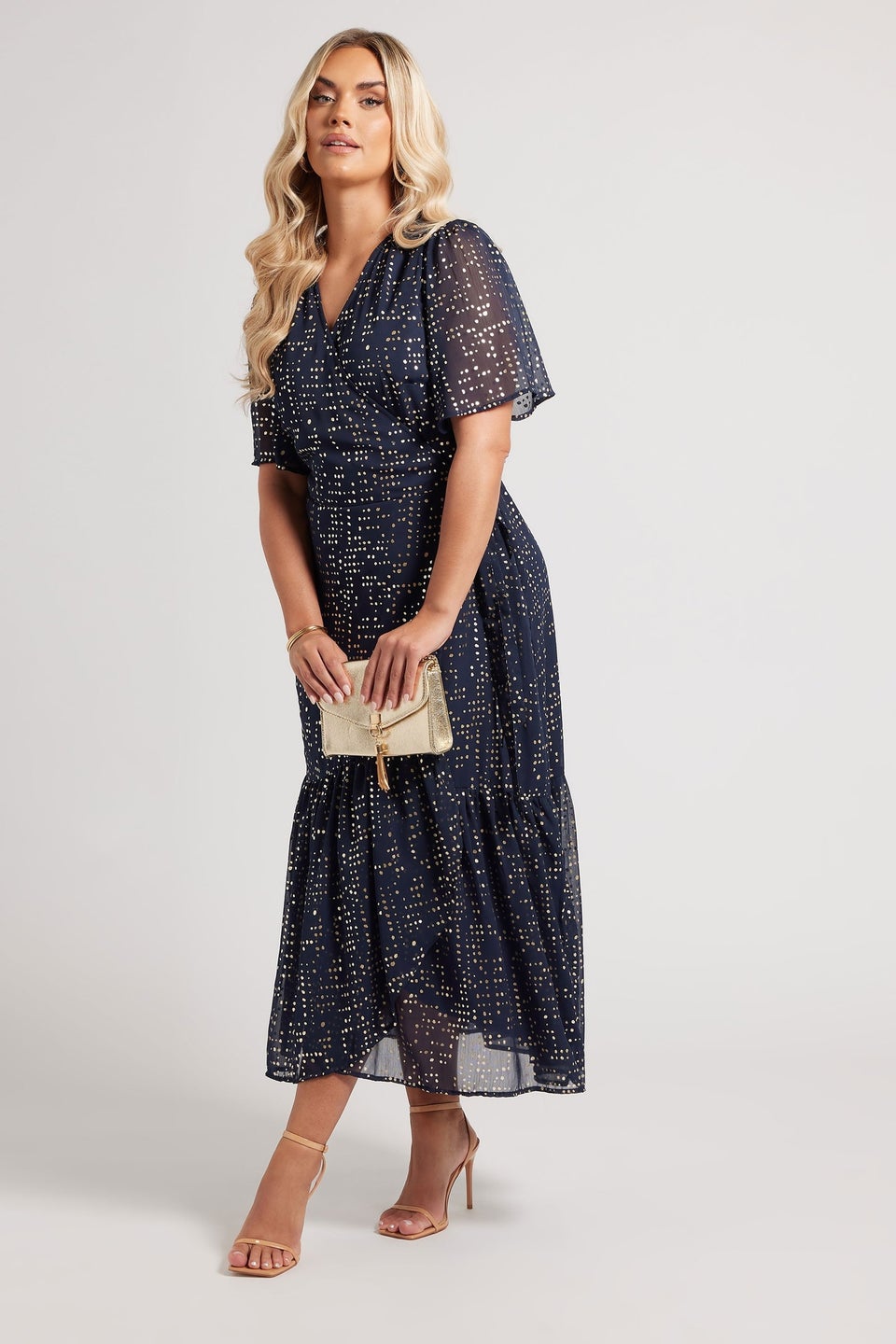 Yours London Curve Navy Blue Metallic Dot Wrap Dress