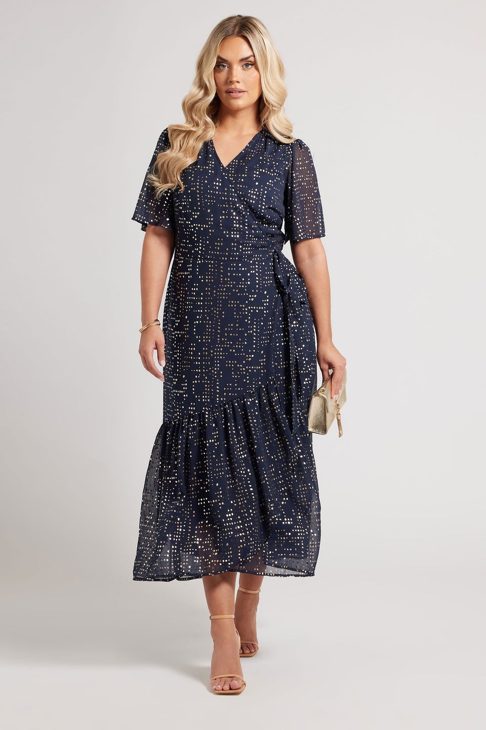 Yours London Curve Navy Blue Metallic Dot Wrap Dress