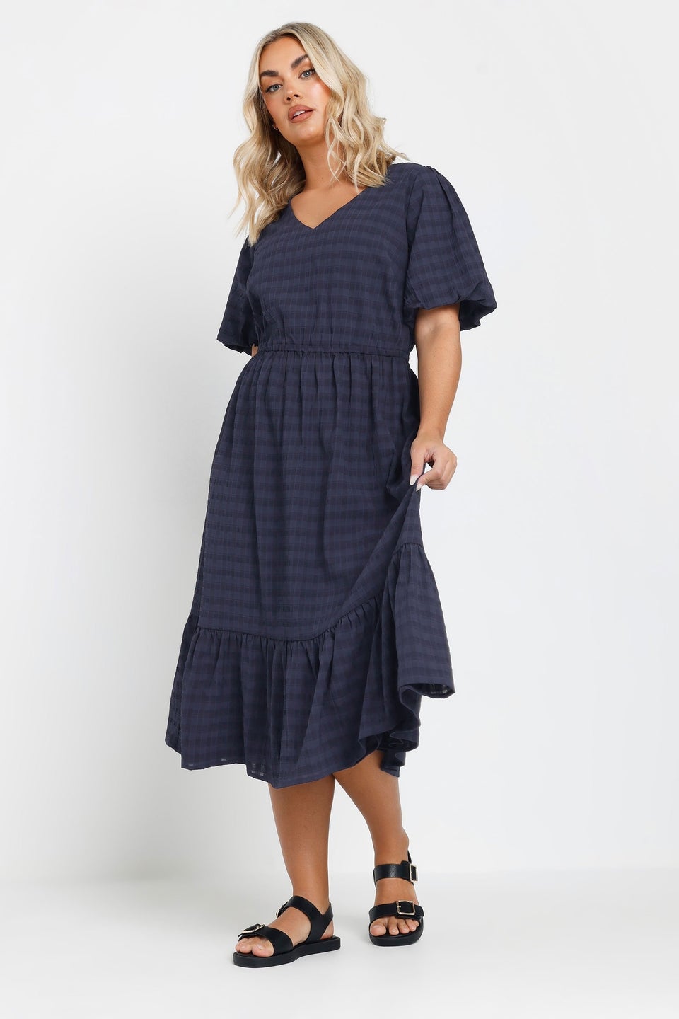 Yours Curve Navy Blue Textured Check Midi Dress