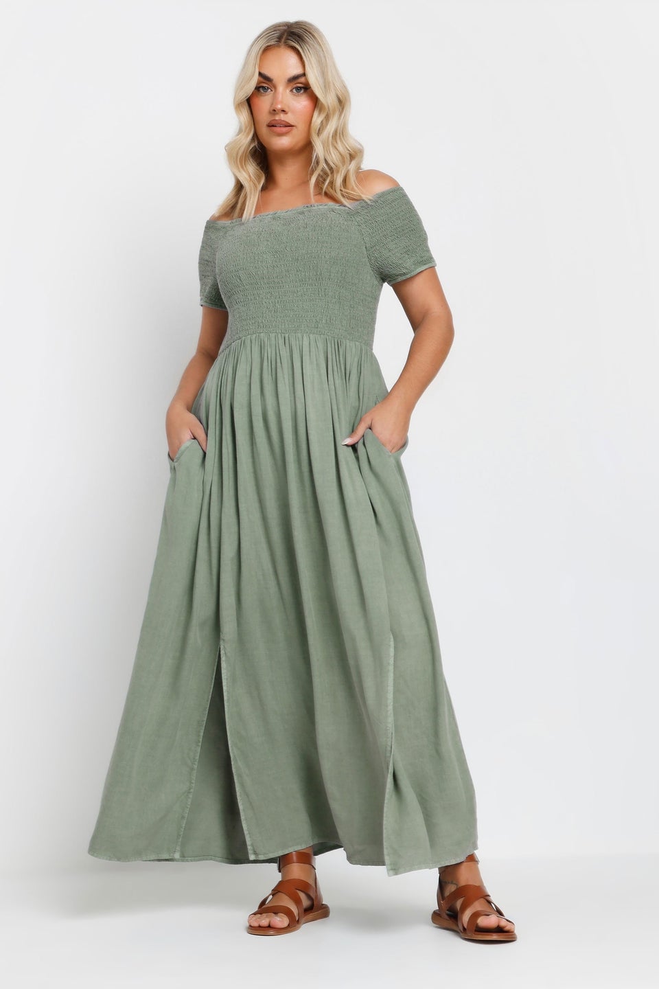 Yours Curve Sage Green Shirred Bardot Chambray Maxi Dress