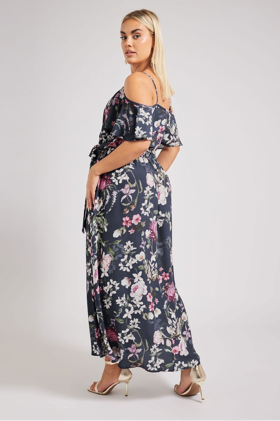 Yours London Curve Navy Blue Floral Cold Shoulder Wrap Dress