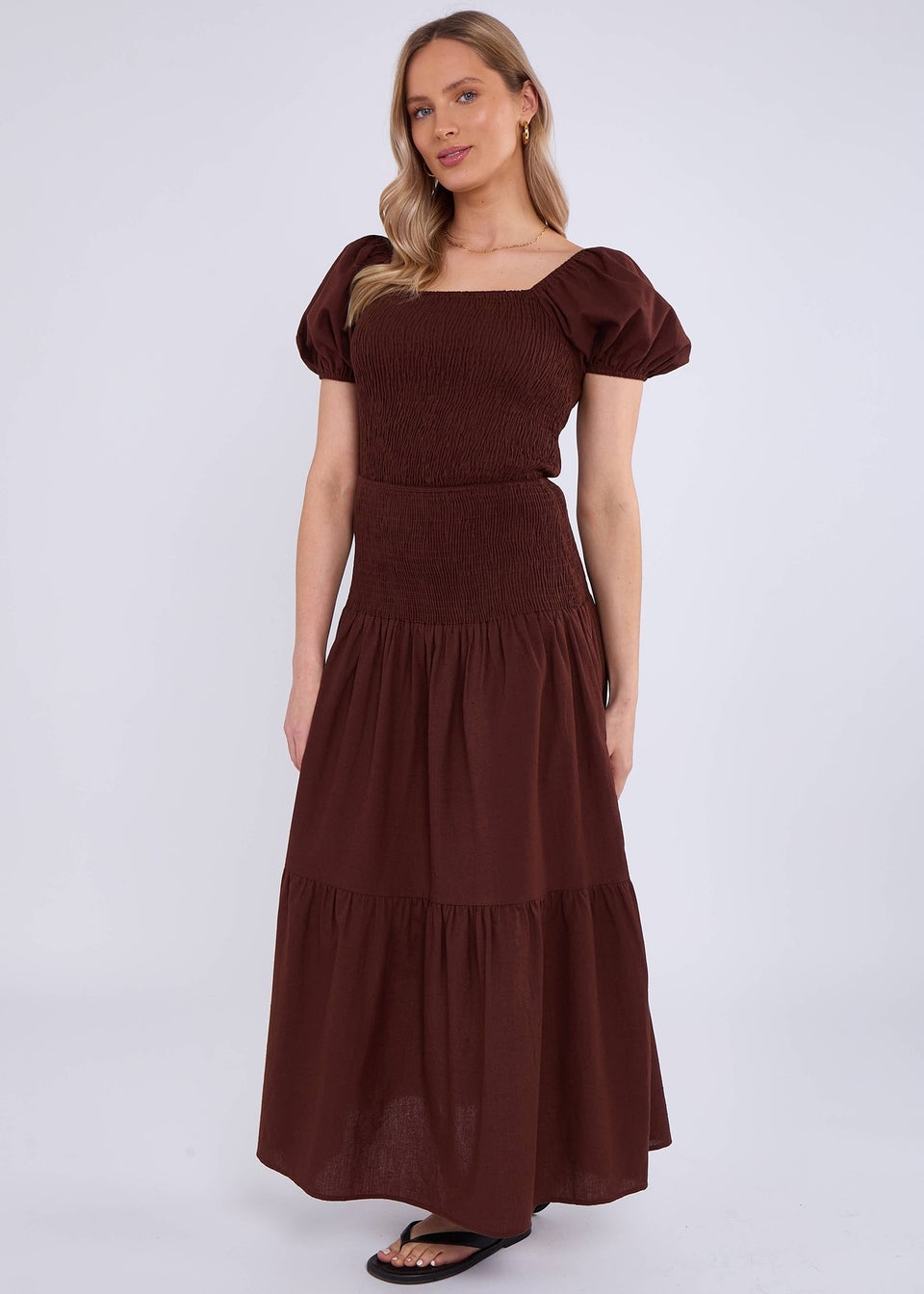 Gini London Brown Puff Sleeve Shirred Cotton Top