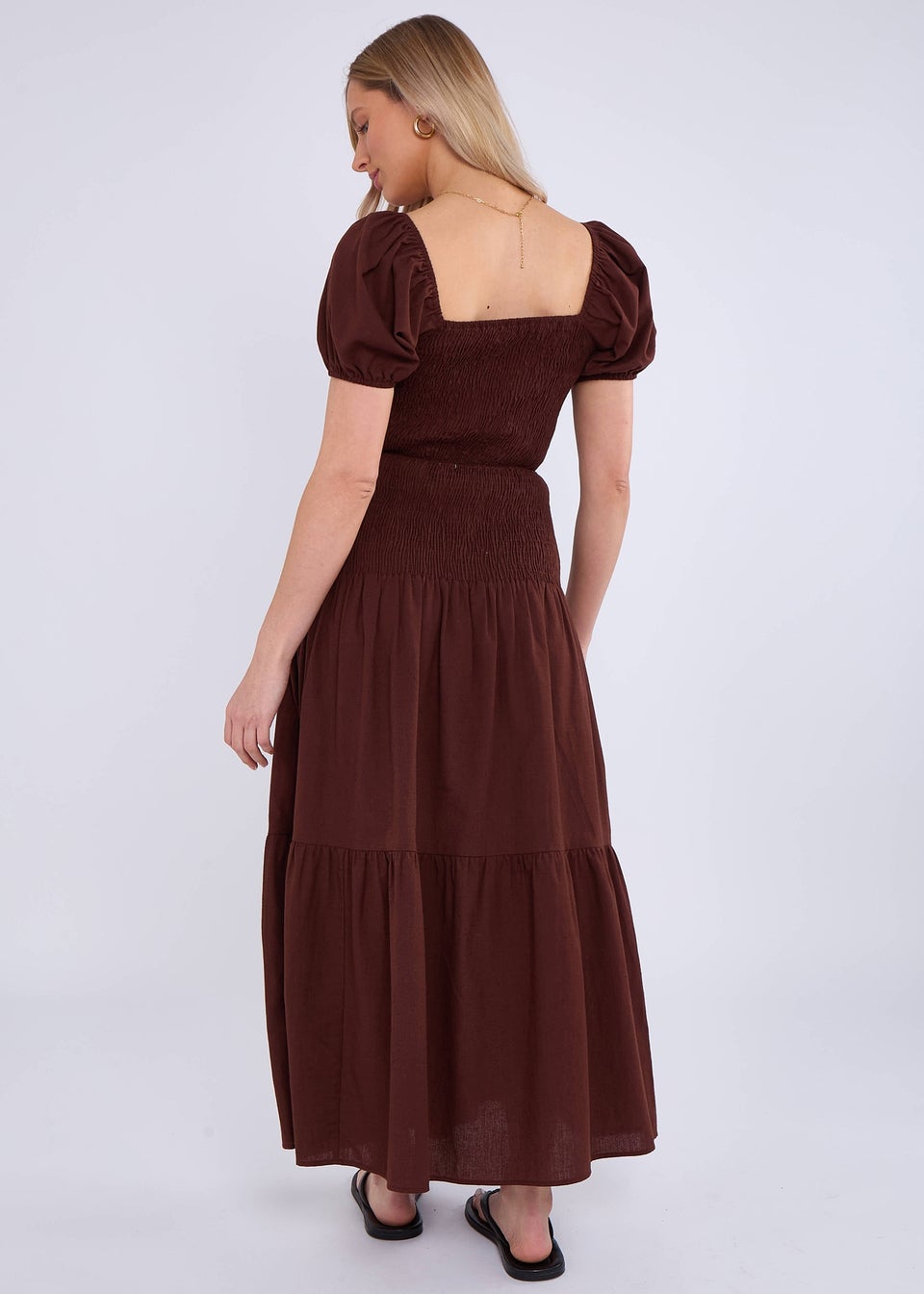 Gini London Brown Puff Sleeve Shirred Cotton Top