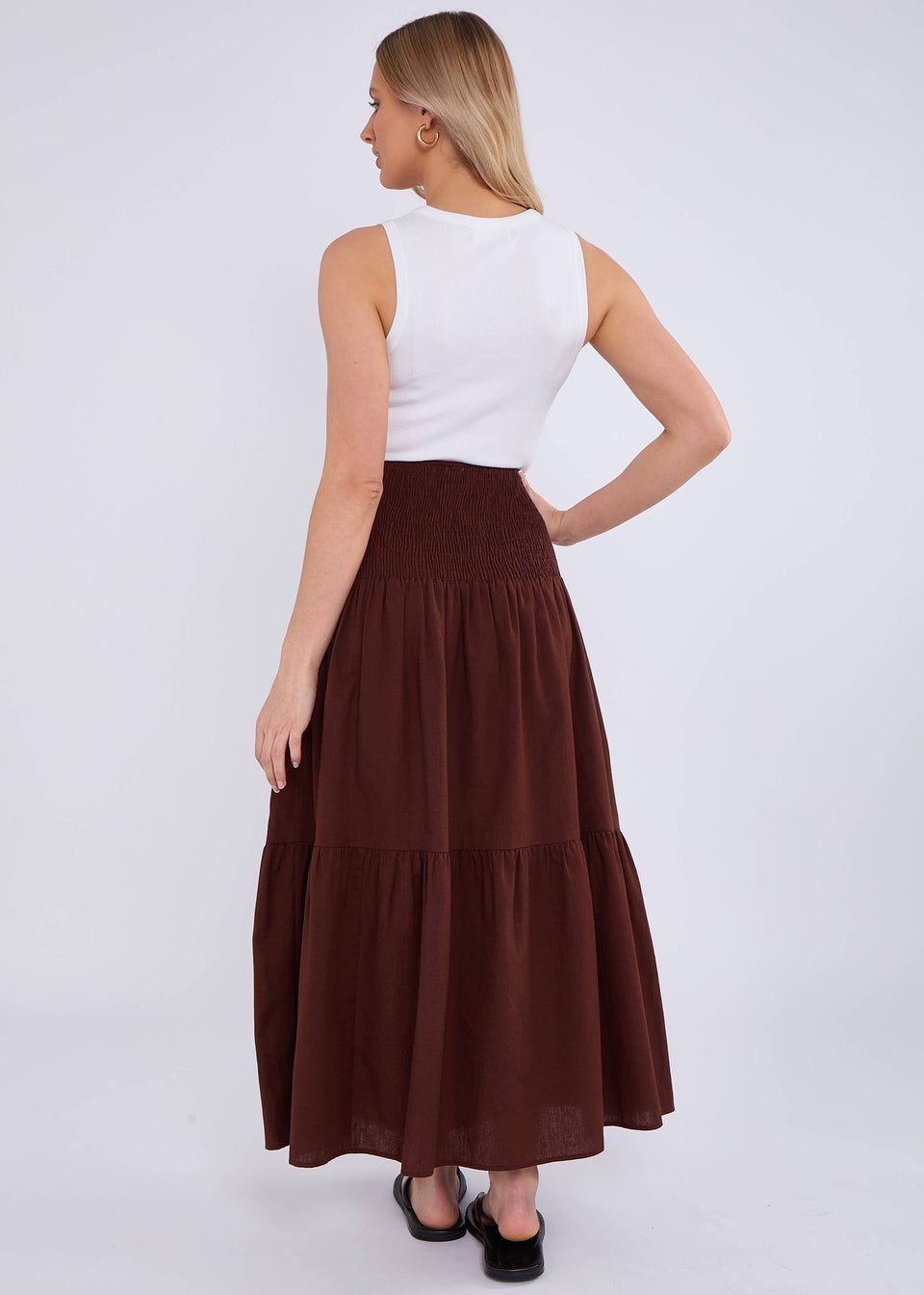Gini London Brown Cotton Smock Tiered Cotton Maxi Skirt
