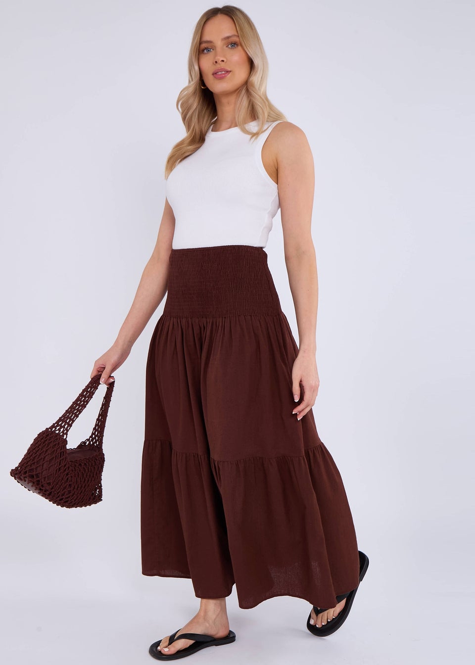Gini London Brown Cotton Smock Tiered Cotton Maxi Skirt
