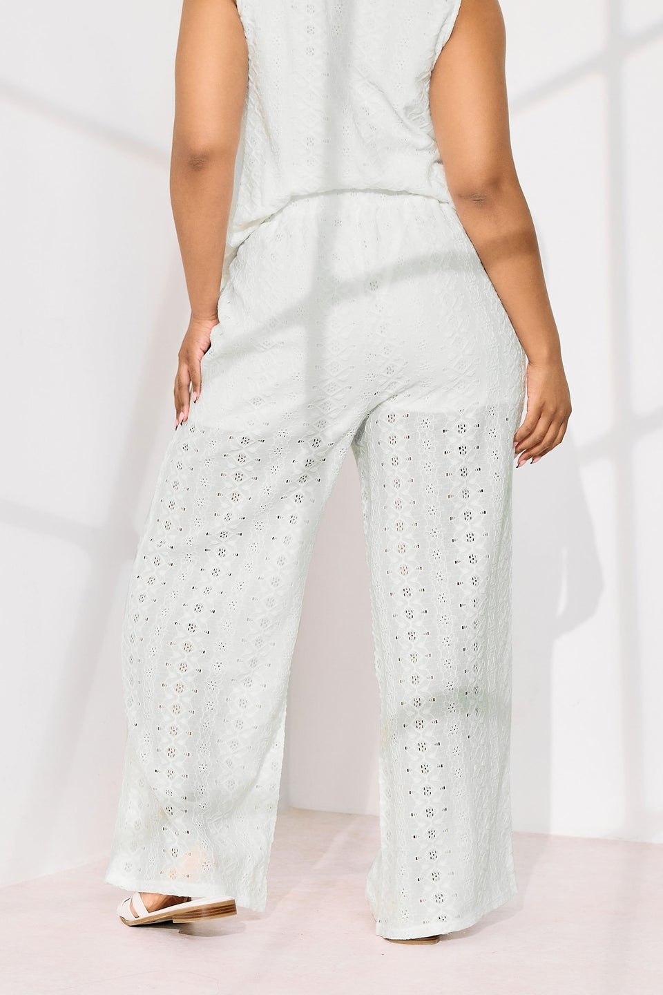 Yours Curve White Broderie Anglaise Wide Leg Trousers