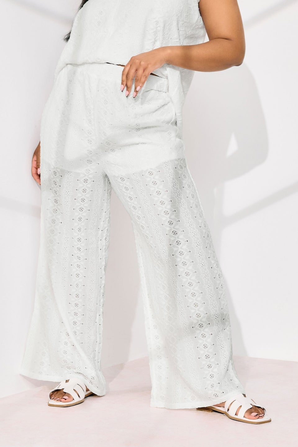 Yours Curve White Broderie Anglaise Wide Leg Trousers