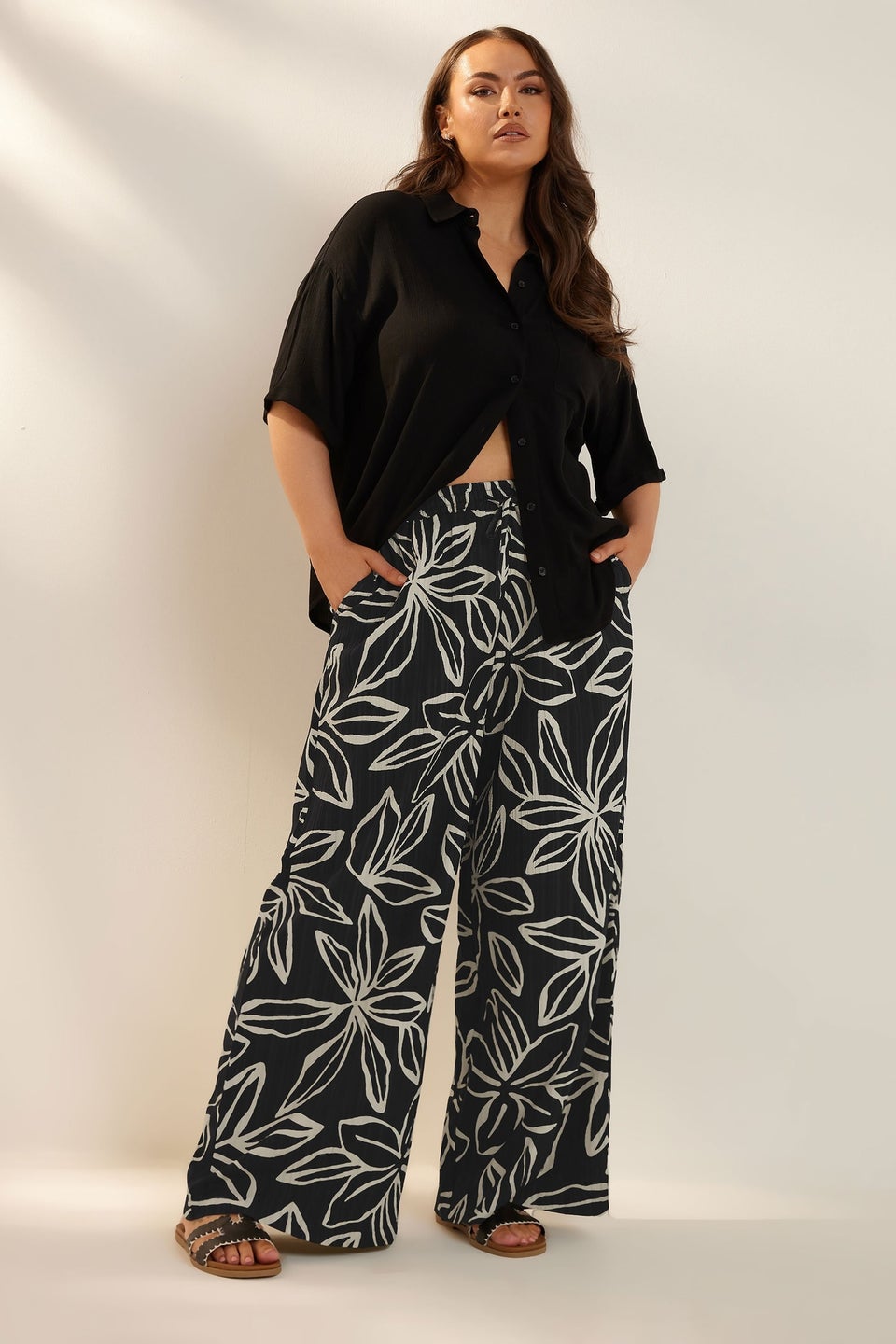 Yours Curve Black & White Floral Print Textured Wide Leg Trousers