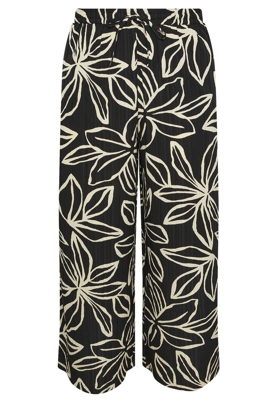 Yours Curve Black & White Floral Print Textured Wide Leg Trousers