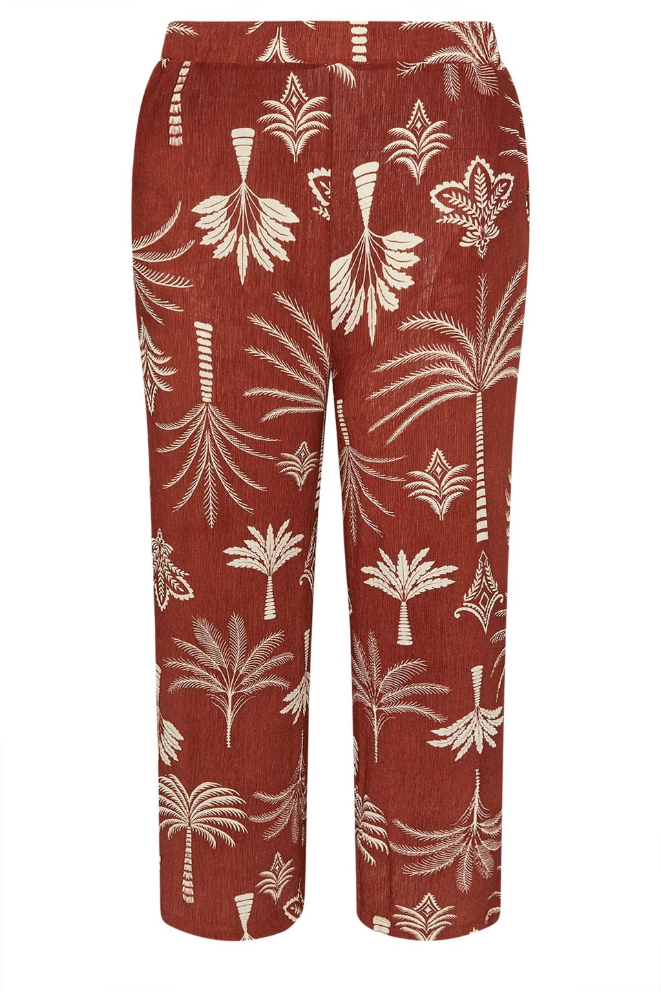 Yours Curve Brown Palm Print Plisse Wide Leg Trousers