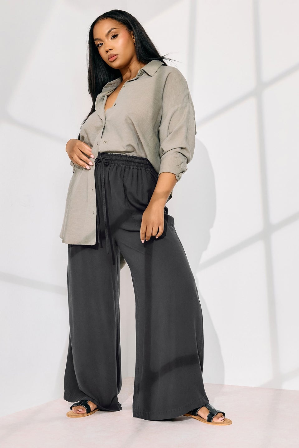 Yours Curve Black Chambray Tie Front Wide Leg Trousers