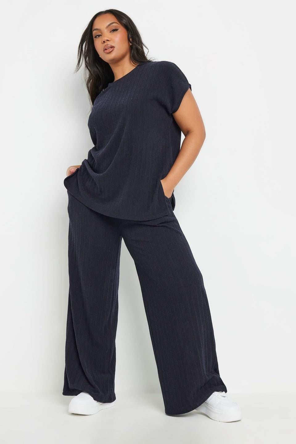 Yours Curve Navy Blue Knitted Wide Leg Trousers