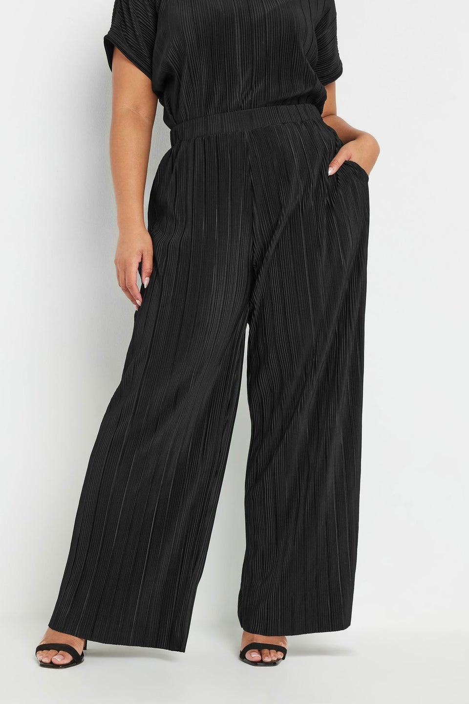 Yours Curve Black Plisse Wide Leg Trousers