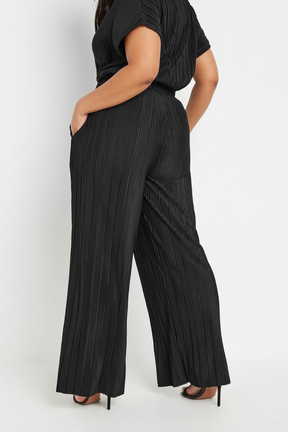 Yours Curve Black Plisse Wide Leg Trousers