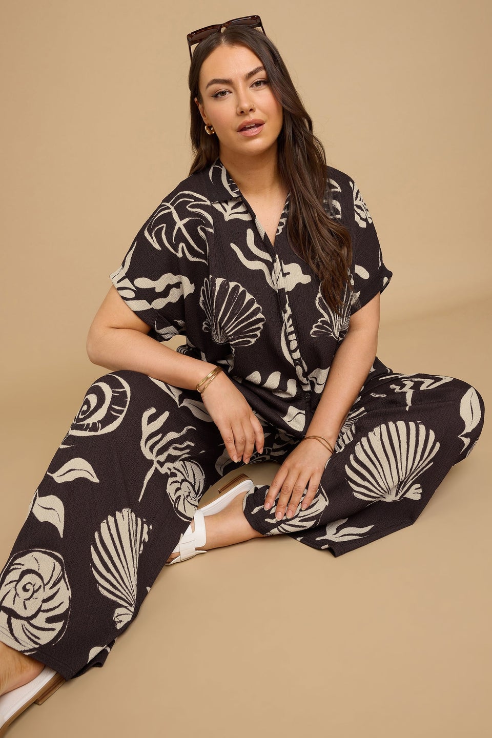 Yours Curve Brown Seashell Print Textured Wide Leg Trousers