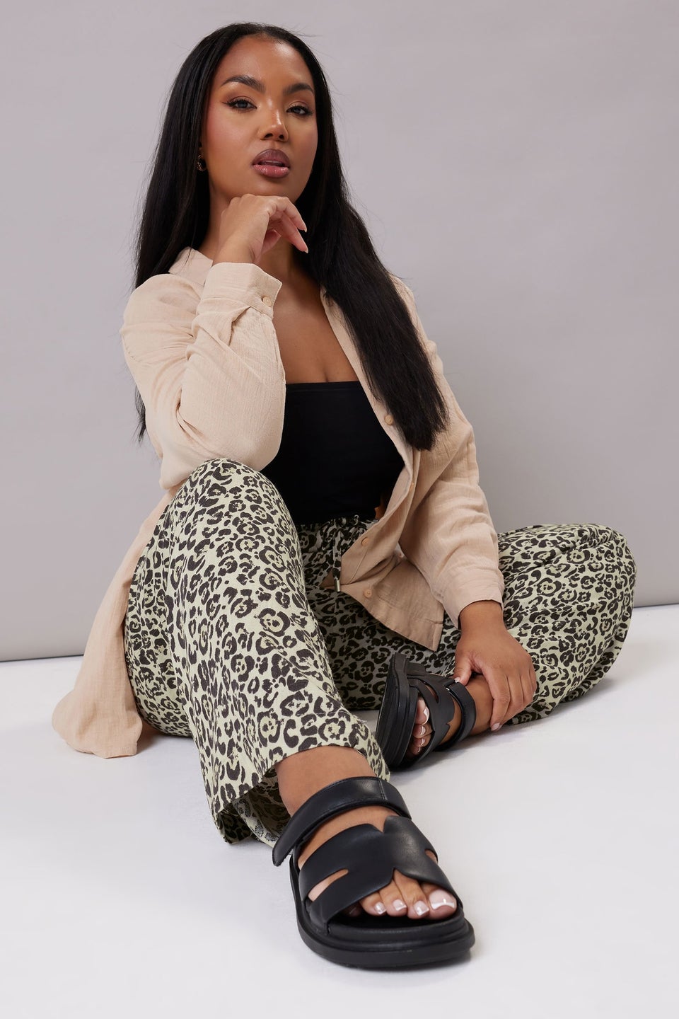Yours Curve Brown Leopard Print Linen Tie Front Trousers