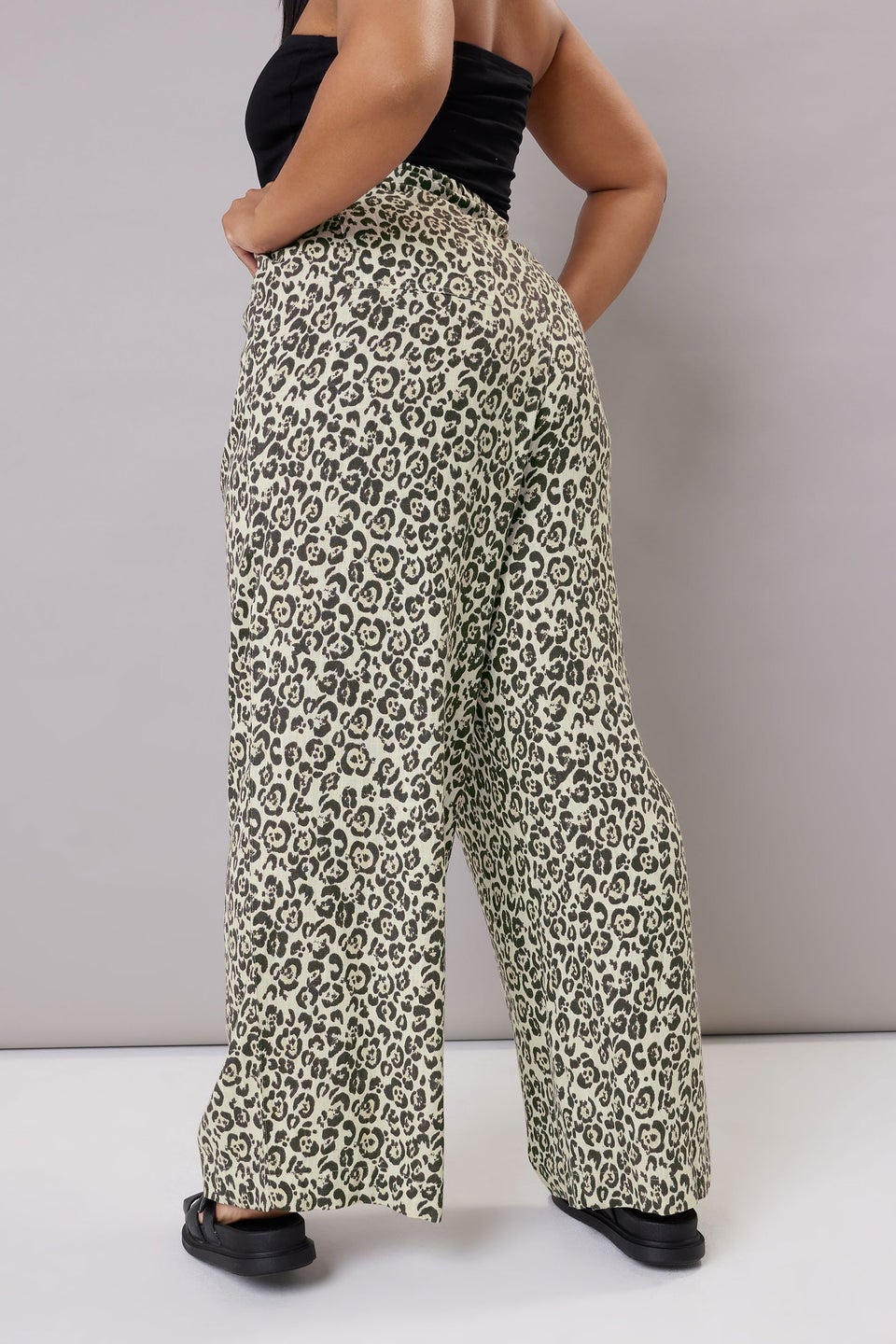 Yours Curve Brown Leopard Print Linen Tie Front Trousers