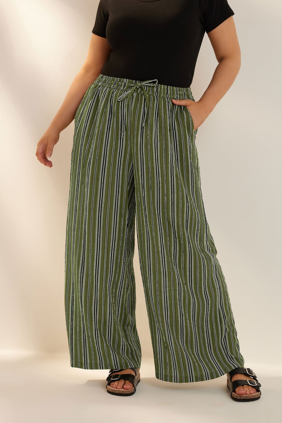 Yours Curve Green Stripe Textured Wide Leg Trousers