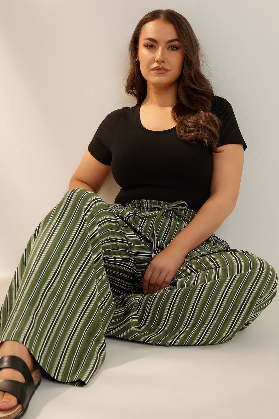 Yours Curve Green Stripe Textured Wide Leg Trousers