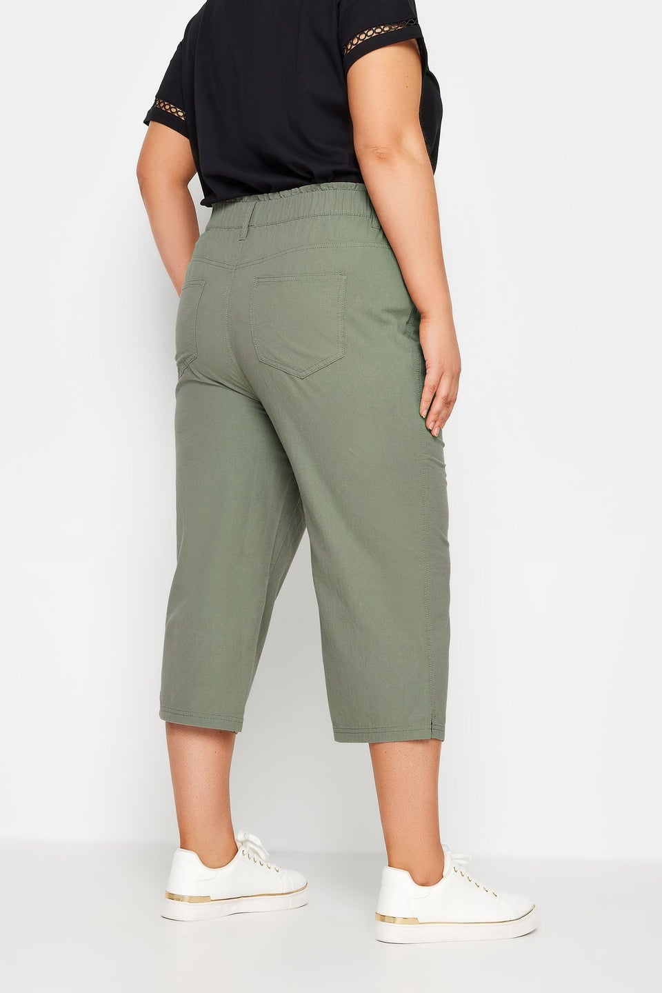 Yours Curve Green Khaki Cool Cotton Cropped Trousers