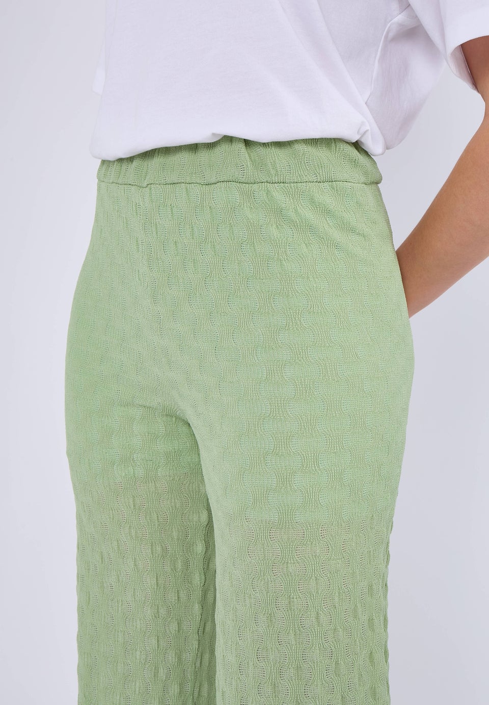 Gini London Sage Green Textured Elasticated Waist Flared Trousers