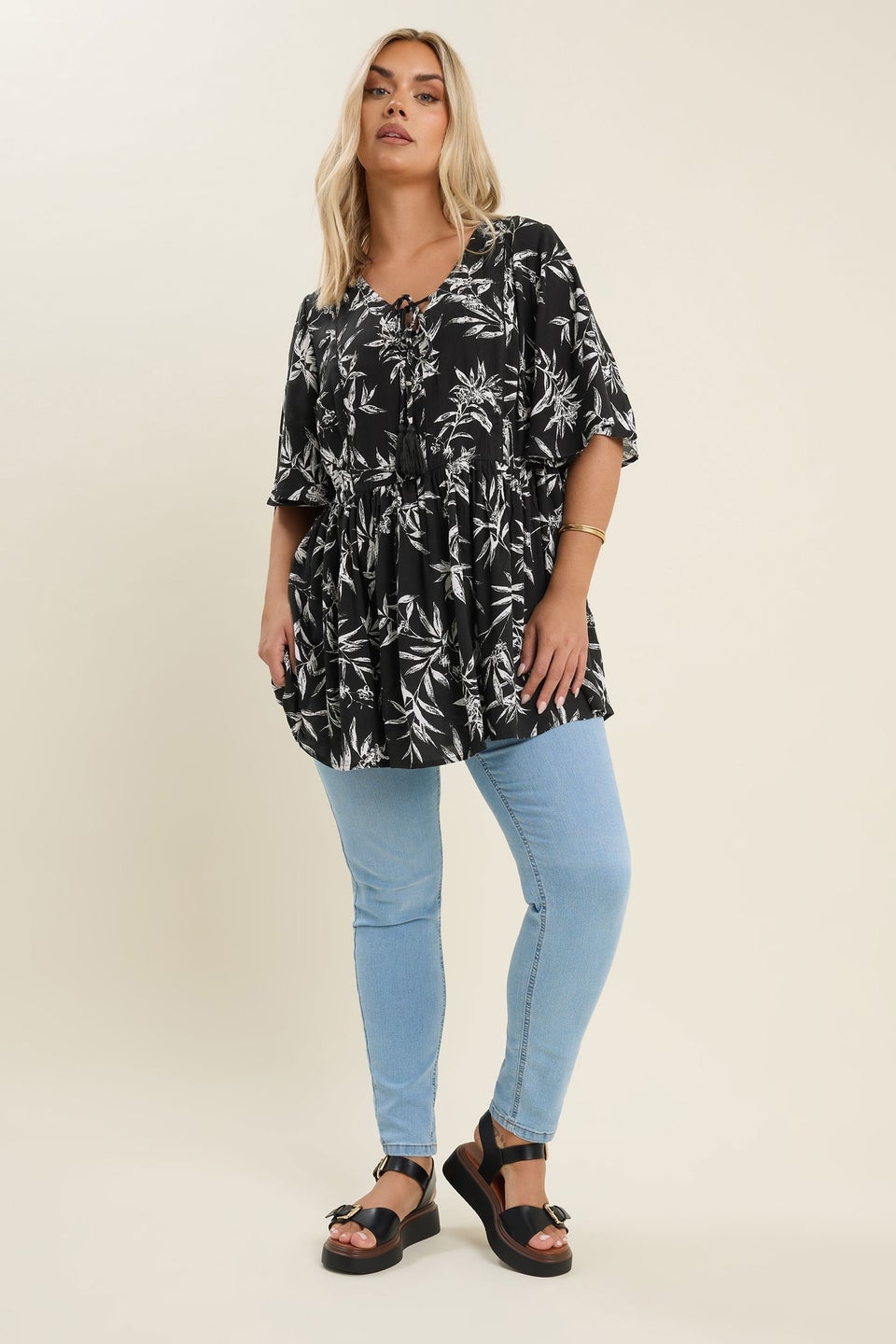 Yours Curve Black & White Palm Print Tie Neck Top