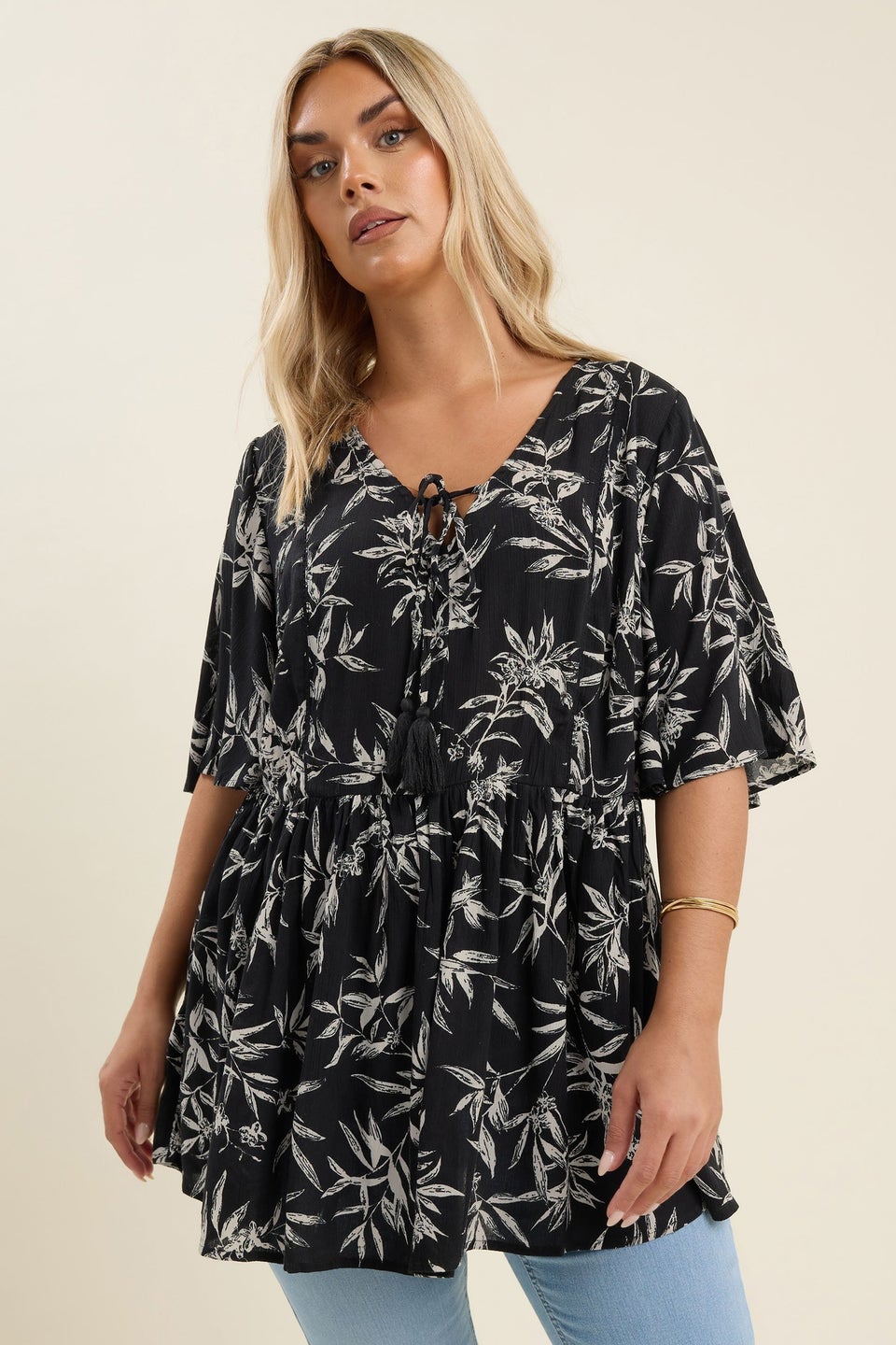 Yours Curve Black & White Palm Print Tie Neck Top