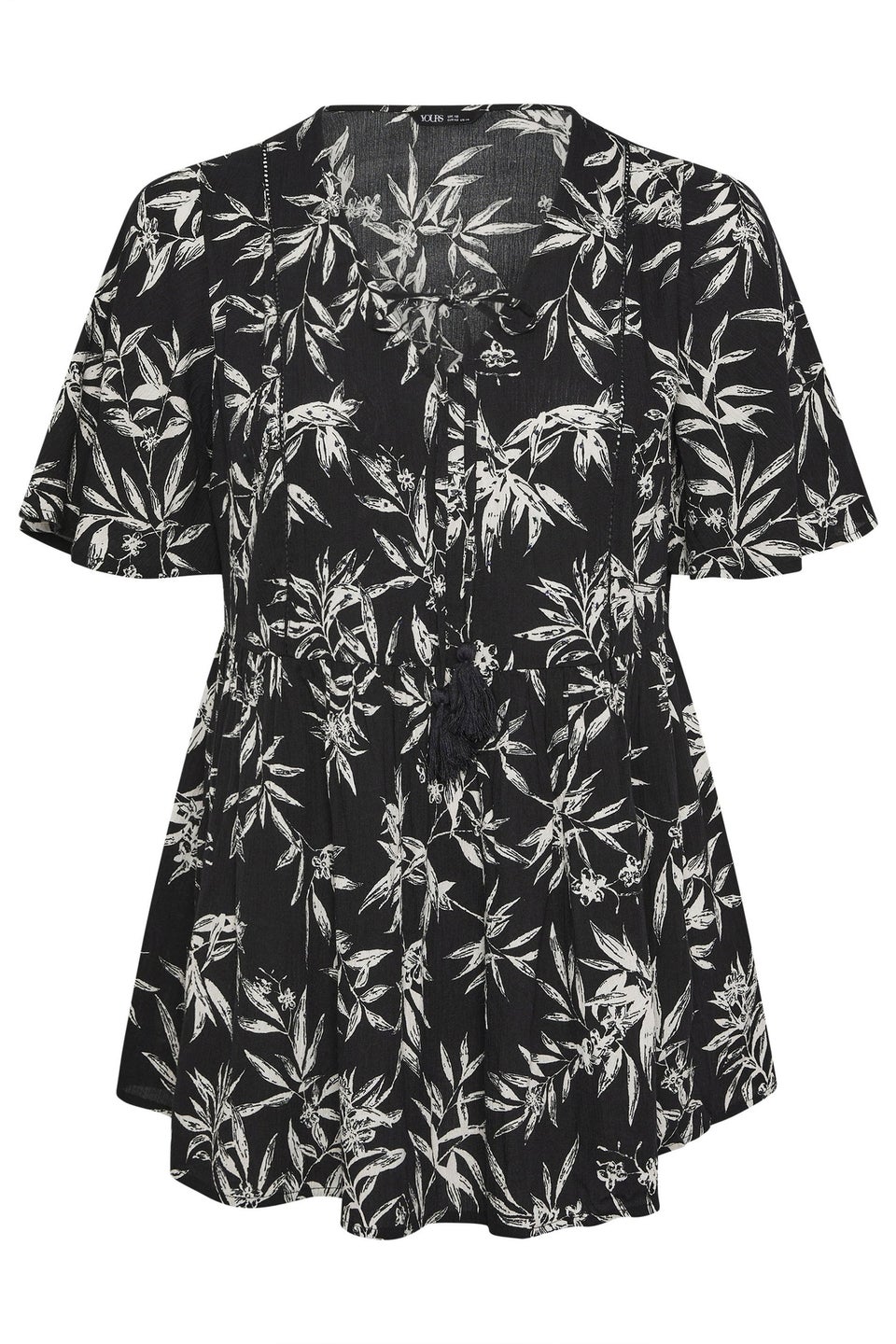 Yours Curve Black & White Palm Print Tie Neck Top