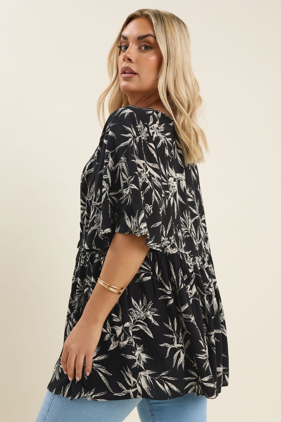 Yours Curve Black & White Palm Print Tie Neck Top