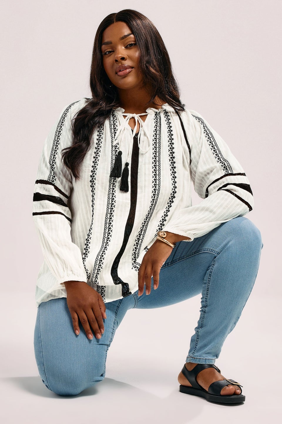 Yours Curve Cream Embroidered Tie Neck Blouse