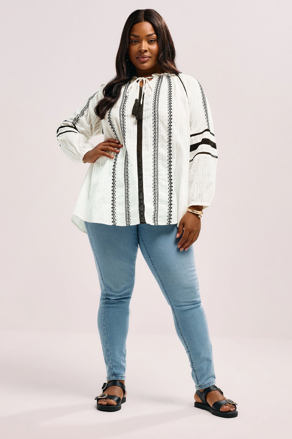 Yours Curve Cream Embroidered Tie Neck Blouse